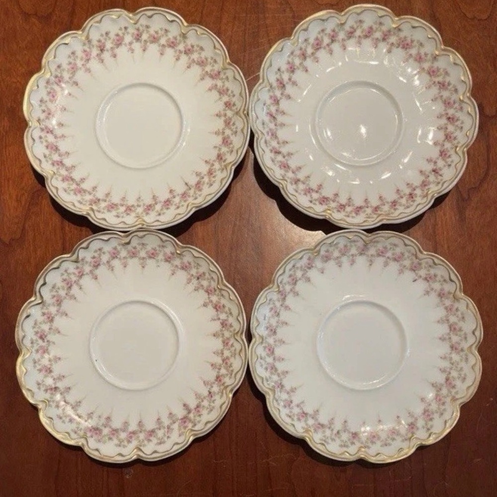 Rare Antique Theodore Haviland Limoges 4 Saucers - Pink Roses With Gold